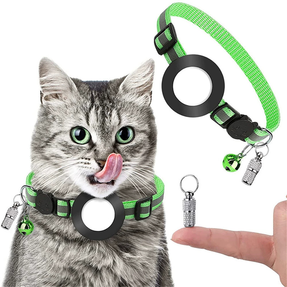 For AirTag Tracker Reflective Pet Collar Silicone Protective Case with ID Address Tag - Green