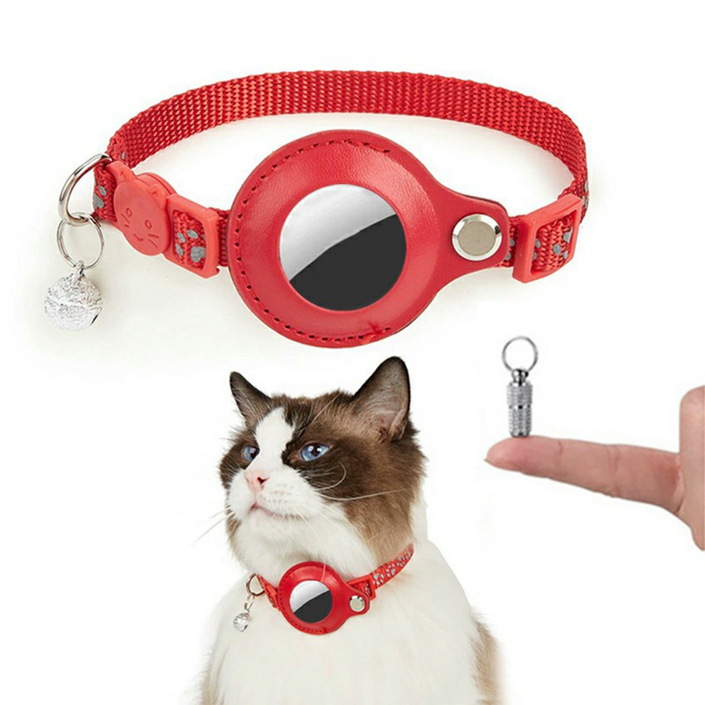 For AirTag Tracker Pet Collar Reflective Paw Print PU Leather Protective Case with ID Address Tag - Red