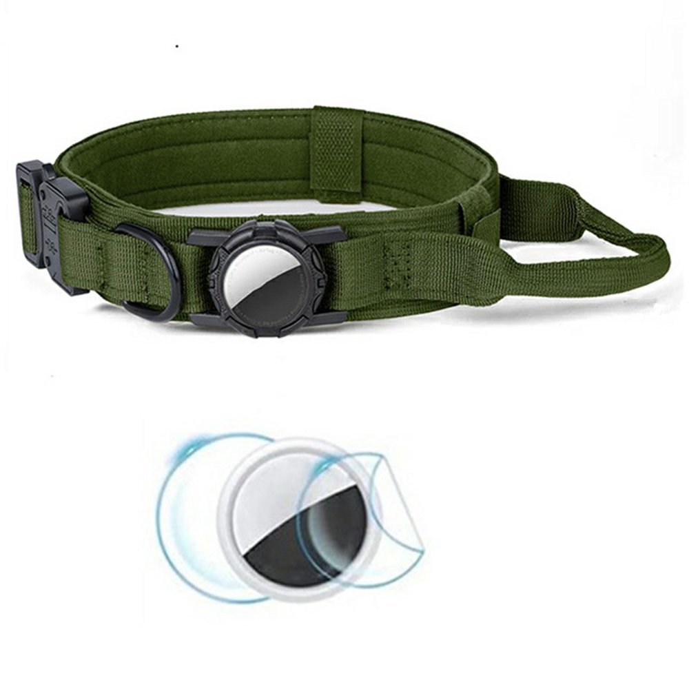 For AirTag Tracker Protector Case Tactical Nylon Collar for Medium  /  Large Pets with Front and Back Hydrogel Film Set - M  /  Dark Green