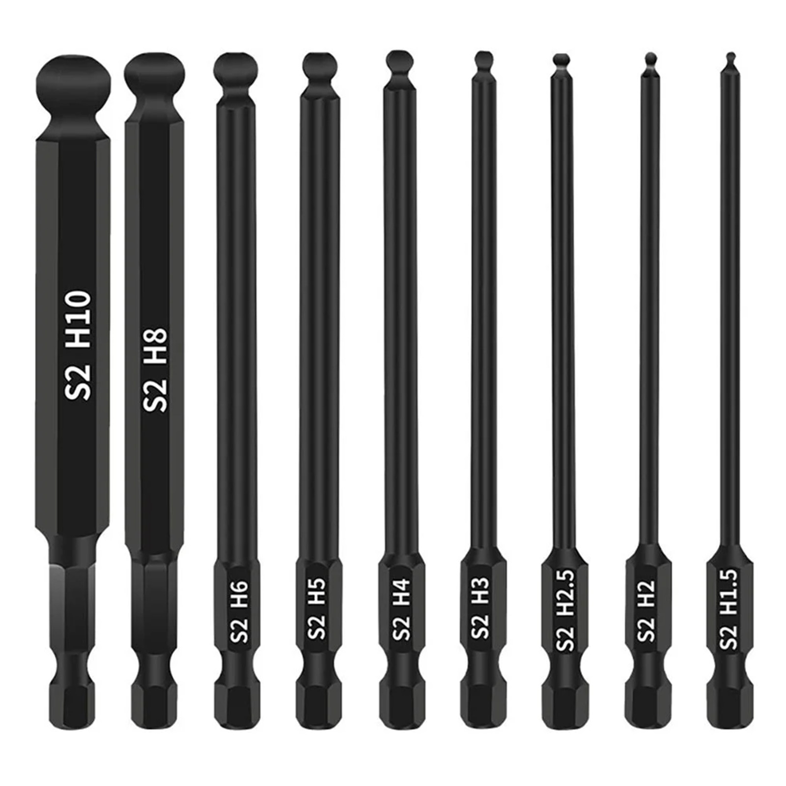 9Pcs H1.5 / 2 / 2.5 / 3 / 4 / 5 / 6 / 8 / 10 S2 Alloy Steel Ball Head Hex Shank Magnetic Screwdriver Bits Set