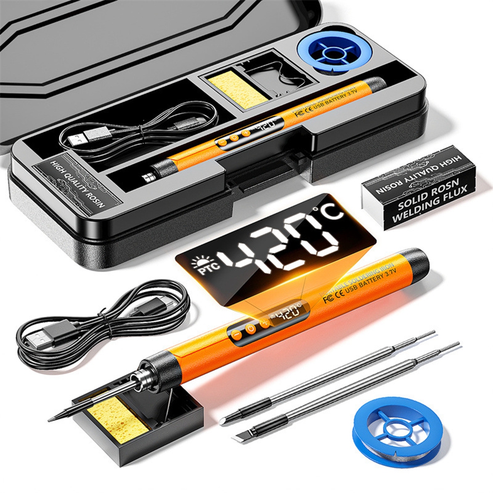 Soldering Iron Kit with 3 Interchangeable Tips Portable Wireless USB Rechargeable Digital Display Soldering Iron - Orange