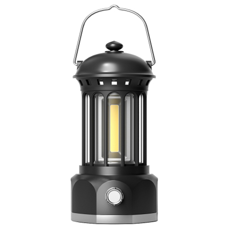 Rechargeable COB Camping Light Retro Style Tent Hanging Light Lantern Lamp for Hiking Evening Party  Size: - Black
