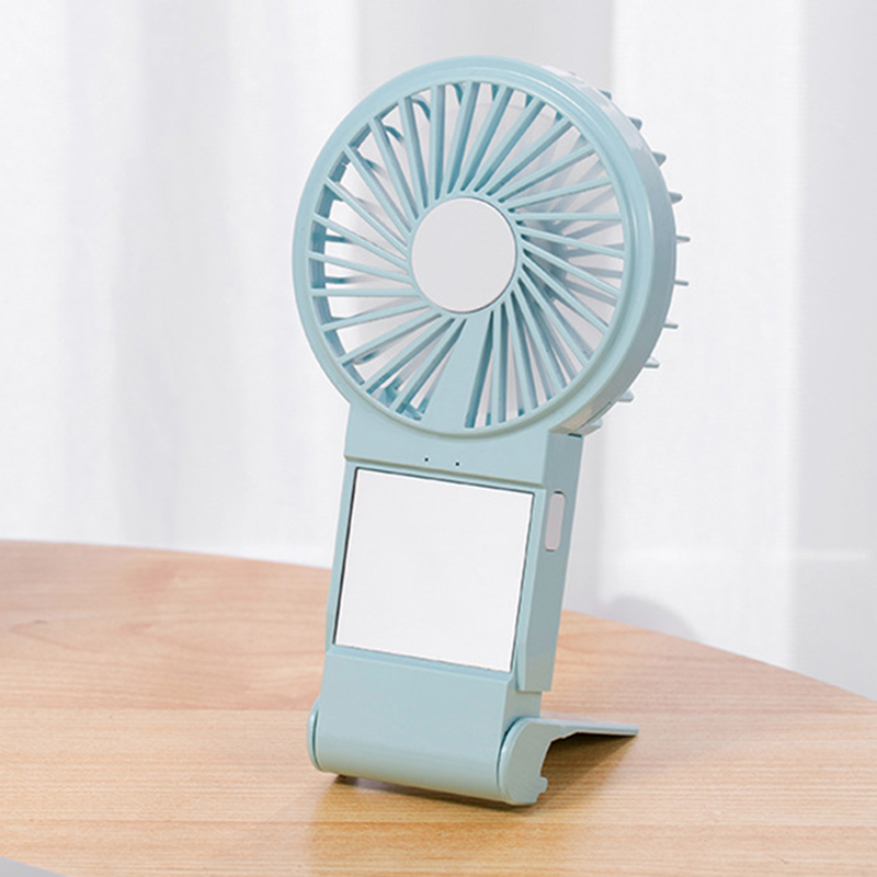

Multifunctional Handheld Mini Fan with Colorful Light Mirror Phone Holder - Blue