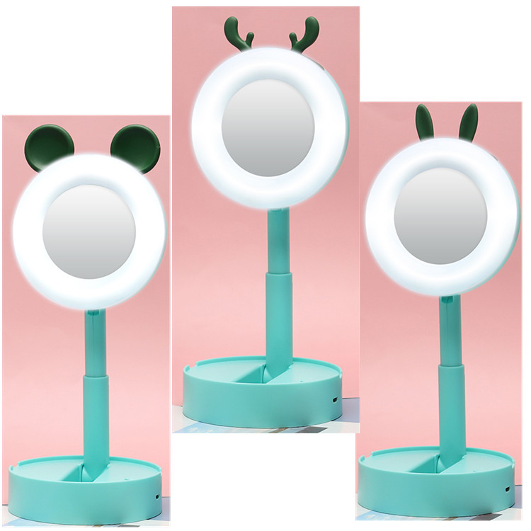 

Foldable USB Charged Makeup Mirror LED Lighted Vanity Mirror with Cartoon Ear (Random Style) - Green