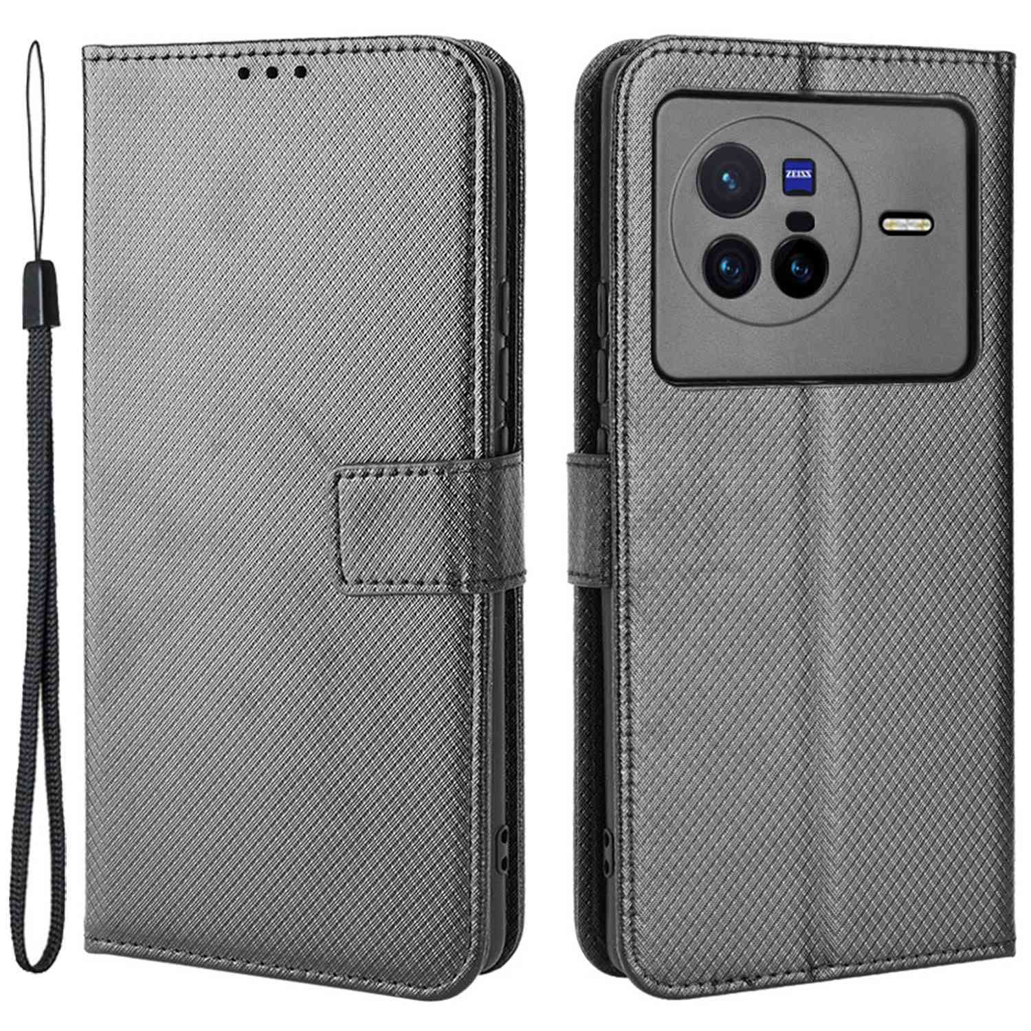 

Diamond Textur PU Leder Hülle Für Vivo X80 5G, Drop-sof-telefonständer Brieftaschenabdeckung - Schwarz, vivo X80 5G