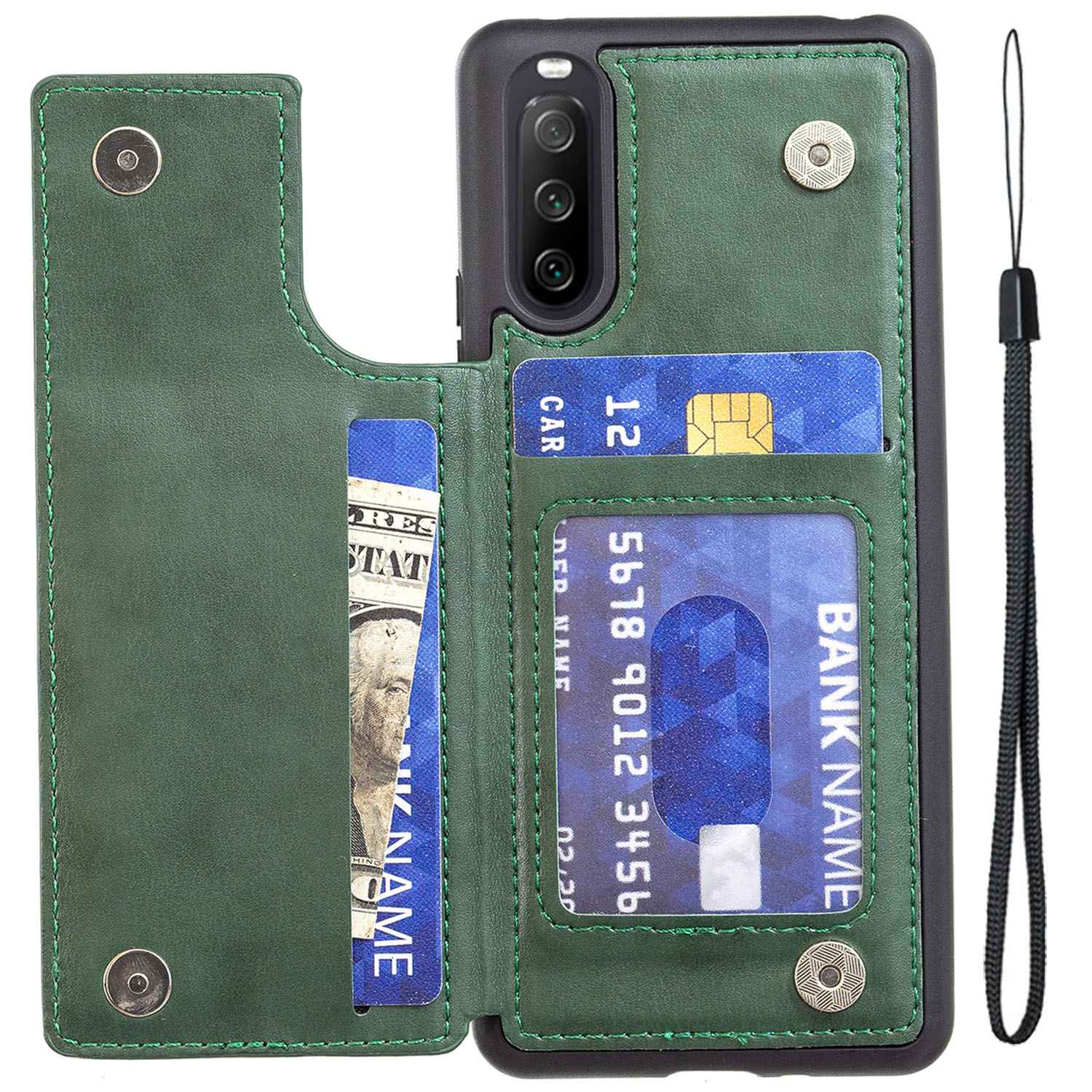 

Für Sony Xperia 10 IV 5G V-förmige Telefonhülle Kickstand Multifunktional PU Lederbeschichtete Anti-fall-handy-deckungskartenhalter - Grün, Sony Xperia 10 IV 5G