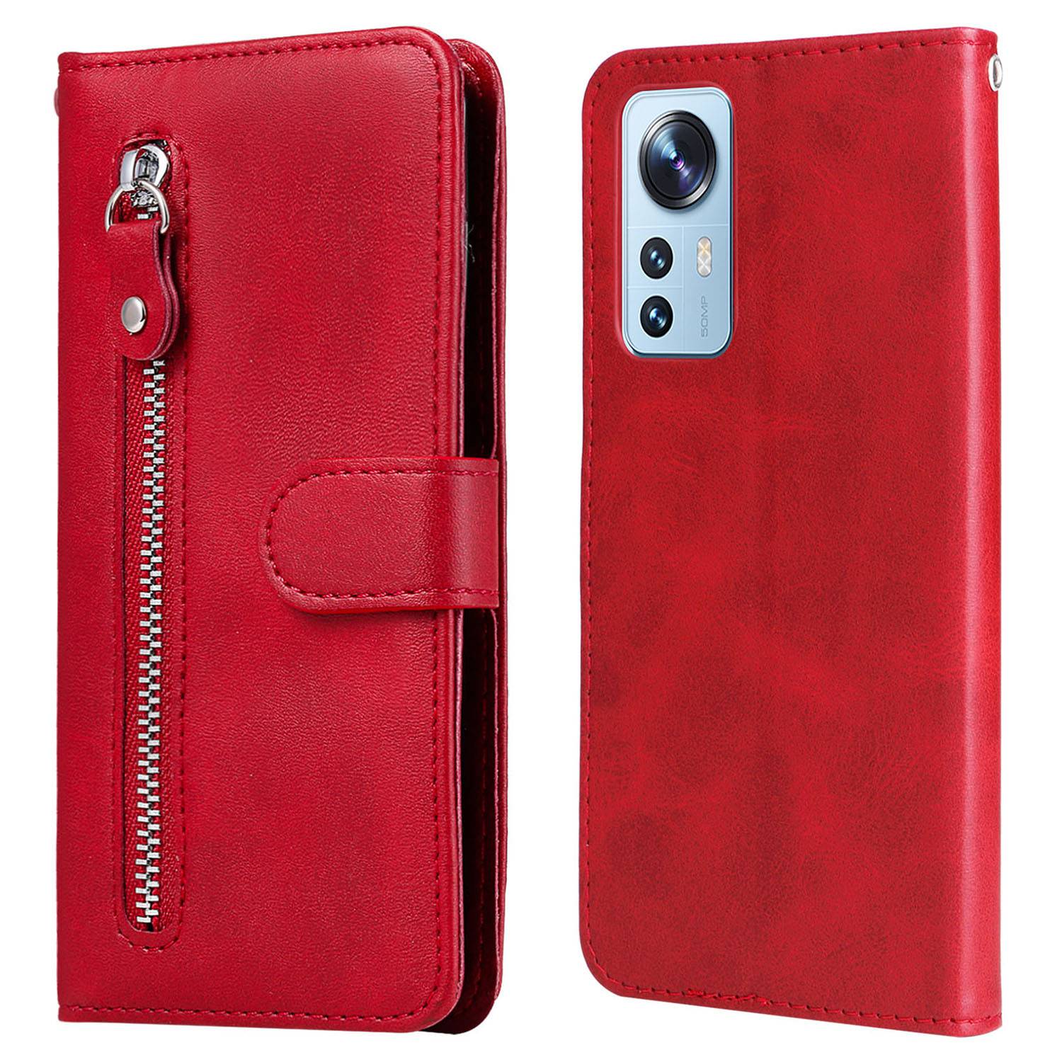 

Für Xiaomi 12 Lite 5G Wallet Phone Hülle PU Leder Reißverschluss Pocket Flip Ständer - Rot, Xiaomi 12 Lite 5G