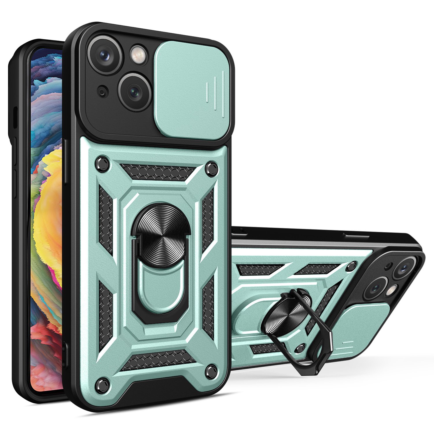 

For iPhone 14 Plus 6.7 inch Anti-scratch Phone Cover Slide Camera Protection PC + TPU Ring Kickstand Cell Phone Case - Green, iPhone 14 Plus