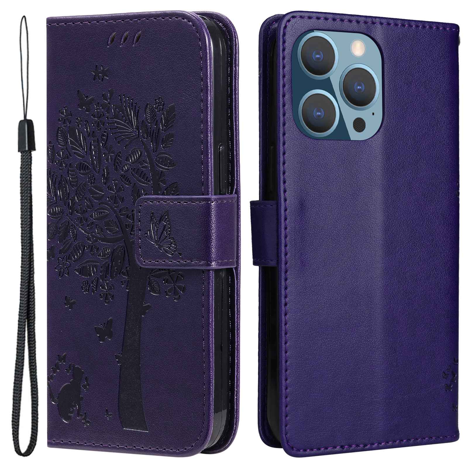 

KT Imprinting Flower Series-3 for iPhone 14 Pro Max 6.7 inch Anti-fall Phone Wallet Case Stand PU Leather Imprinted Cat Tree Pattern Cell Phone Protective Cover with Strap - Purple, iPhone 14 Pro Max