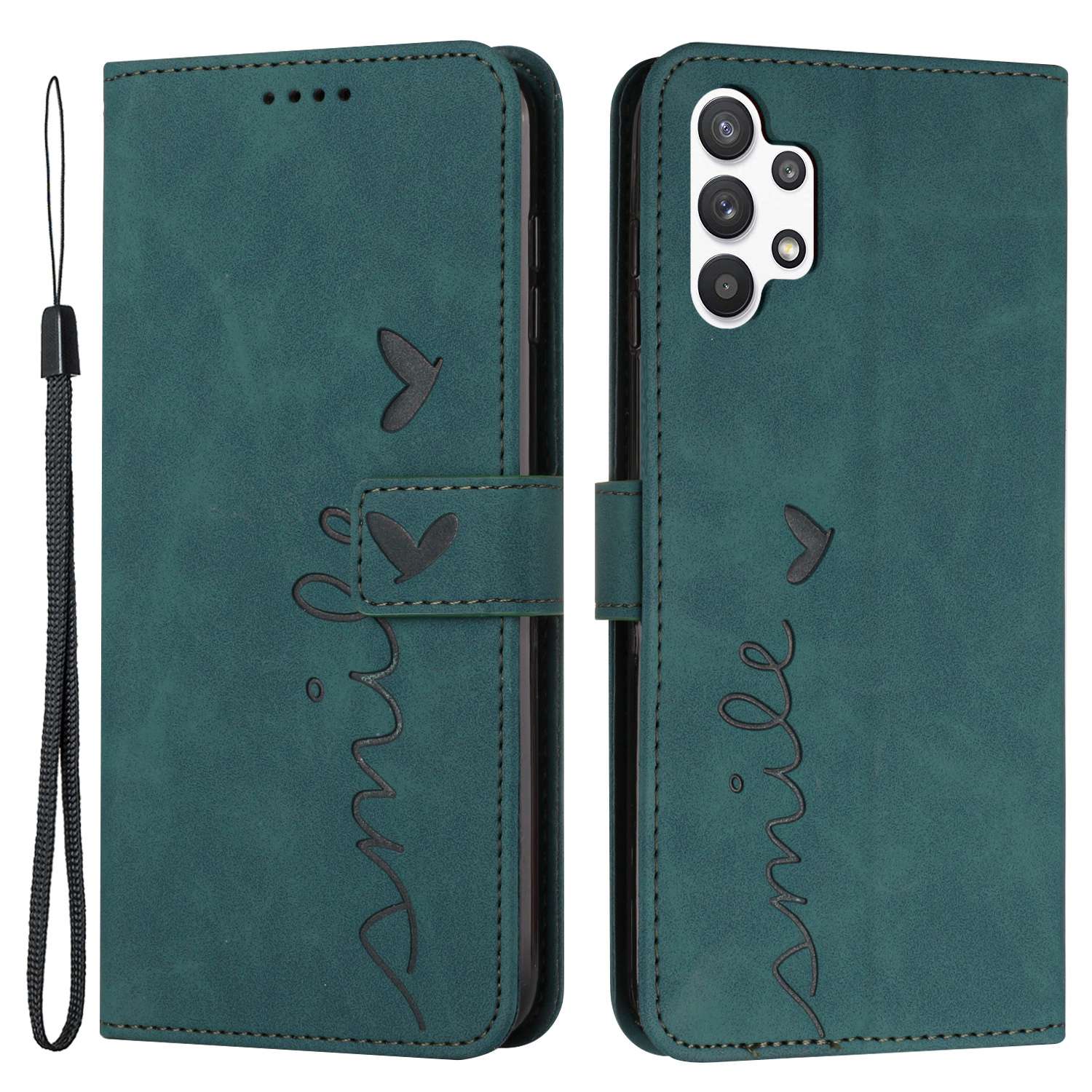 

For Samsung Galaxy A32 5G/M32 5G Skin-touch Wallet Phone Case PU Leather Stand Imprinting Heart Shape Protective Cover - Green, Galaxy A32 5G