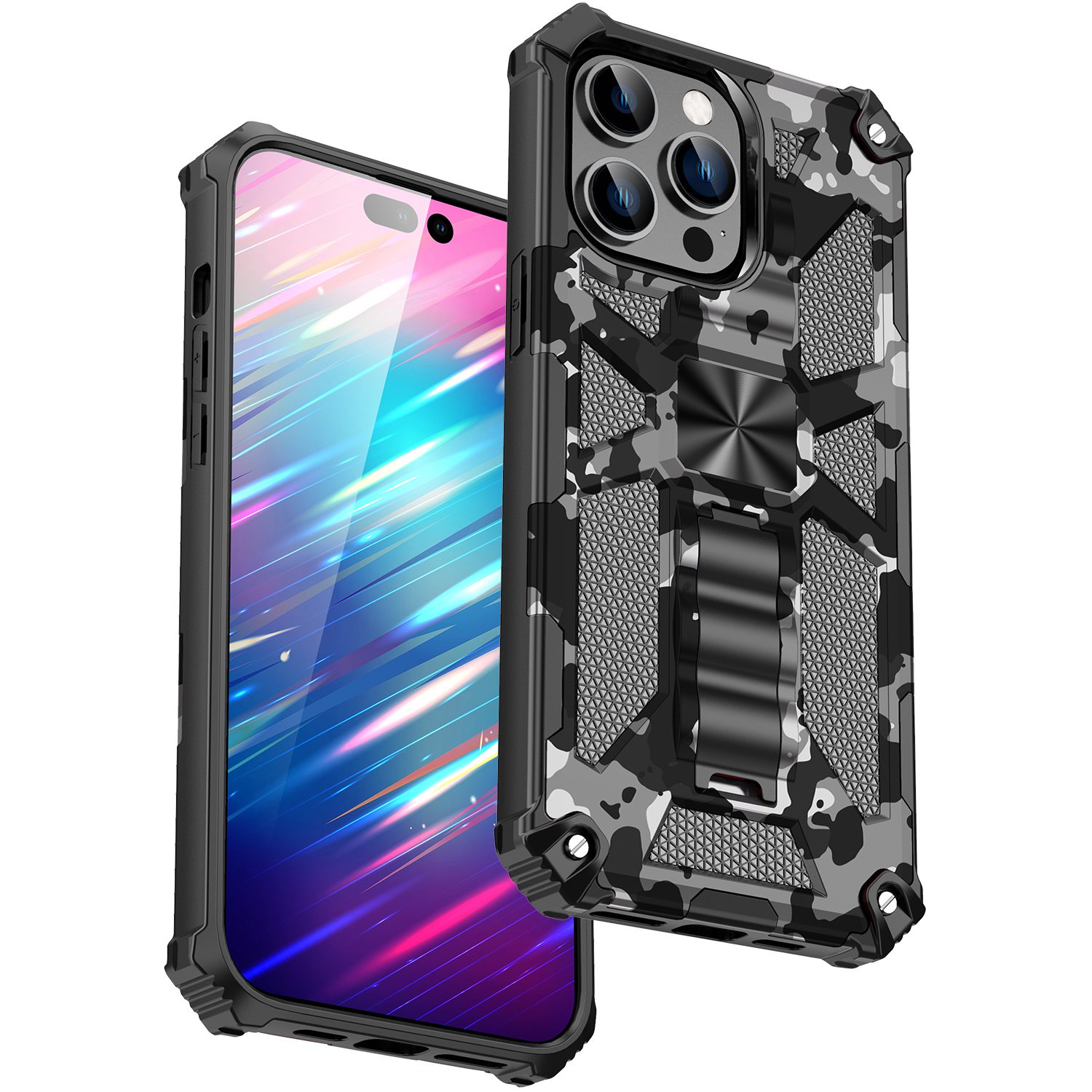 

For iPhone 14 Pro 6.1 inch Anti-drop Military Grade Camouflage Kickstand Phone Case PC + TPU Scratch Resistant Cellphone Cover - Camouflage Black, iPhone 14 Pro