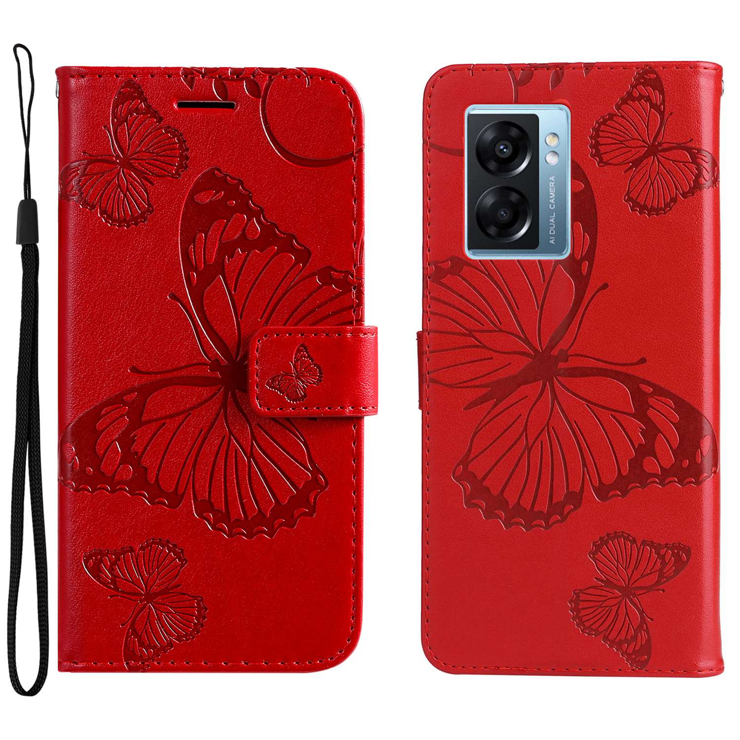 

KT Leder Serie-2 Für Oppo A57 (2022) 5G / A77 5G / Realme V23 5G Schmetterling Eingeprägter PU Leder Vollschützer Hülle Telefonie-brieftasche Cover - Rot, Oppo A57 (2022) 5G
