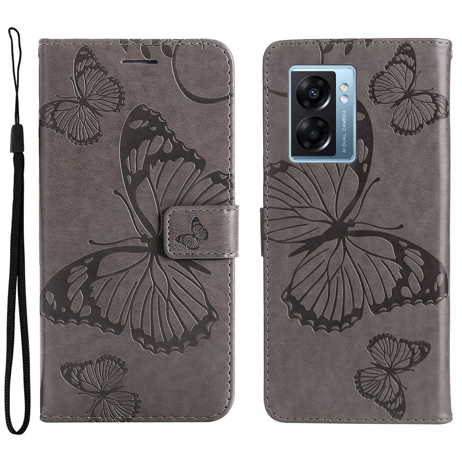

KT Leder Serie-2 Für Oppo A57 (2022) 5G / A77 5G / Realme V23 5G Schmetterling Eingeprägter PU Leder Vollschützer Hülle Telefonie-brieftasche Cover - Grau, Oppo A57 (2022) 5G