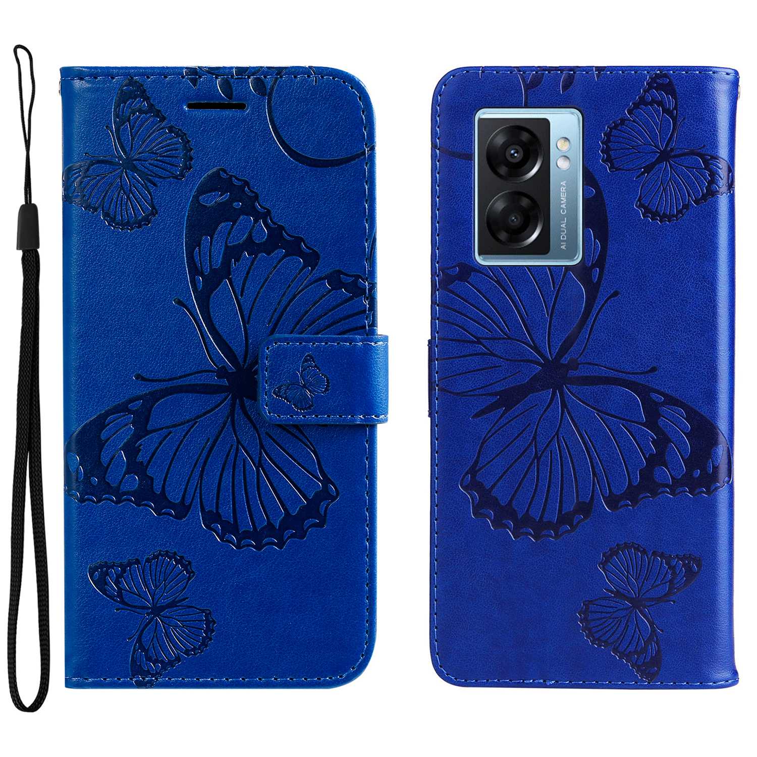 

KT Leder Serie-2 Für Oppo A57 (2022) 5G / A77 5G / Realme V23 5G Schmetterling Eingeprägter PU Leder Vollschützer Hülle Telefonie-brieftasche Cover - Blau, Oppo A57 (2022) 5G