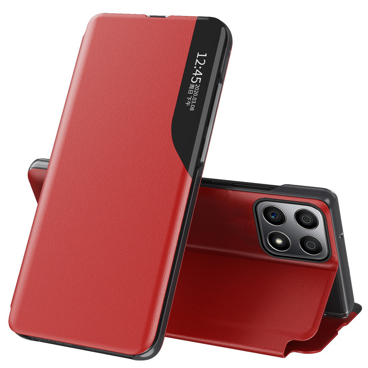 

Für Ehre X8 4g / X30i Anti-drogen-telefonhülle Clear View Window Ständer Verfügen - Rot, Honor X8 4G