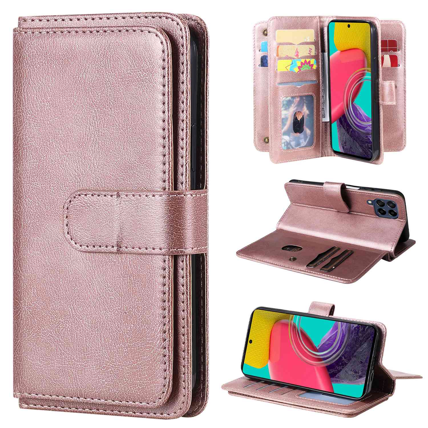 

KT Multifunktionaler Serie-1 Für Samsung Galaxy M53 5G Drop-proof-telefonabdeckung Verstellbarer Stand PU Leder Multi Card Case Wallet - Roségold, Galaxy M53 5G