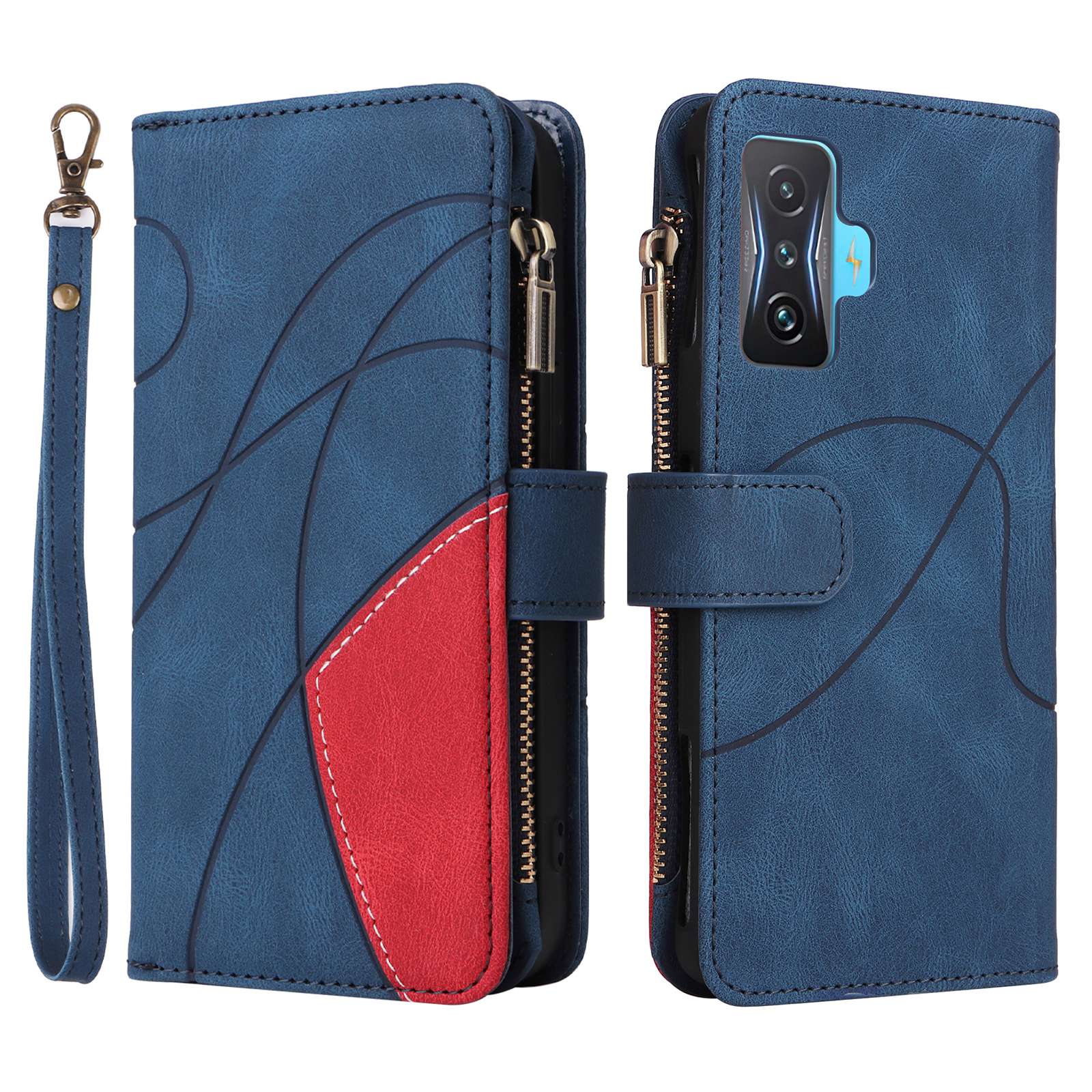 

Für Xiaomi Poco F4 GT/Redmi K50 Gaming 5G PU Leder Telefonabdeckung Reißverschluss Brieftasche Mehrere Kartensteckplätze Ständer Anti-wear-farbspleißen Telefonhülle - Blau, Xiaomi Poco F4 GT