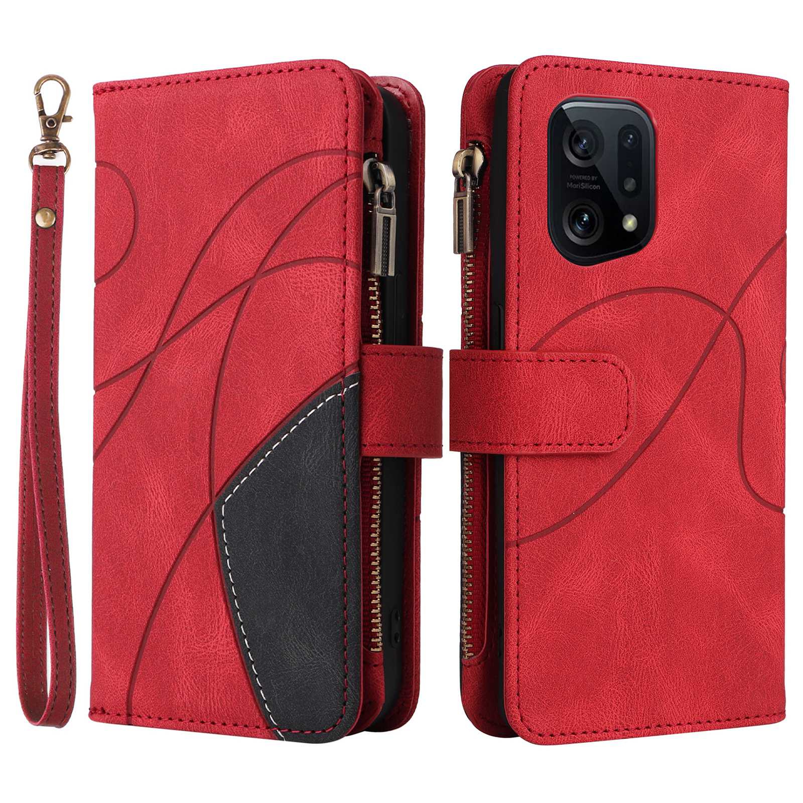 

Für Oppo Finden Sie X5 5g Anti-fall Reißverschluss Brieftasche Hülle Multiple Kartensteckplätze PU Leder Farbe Spleiß Telefonabdeckung - Rot, Oppo Find X5