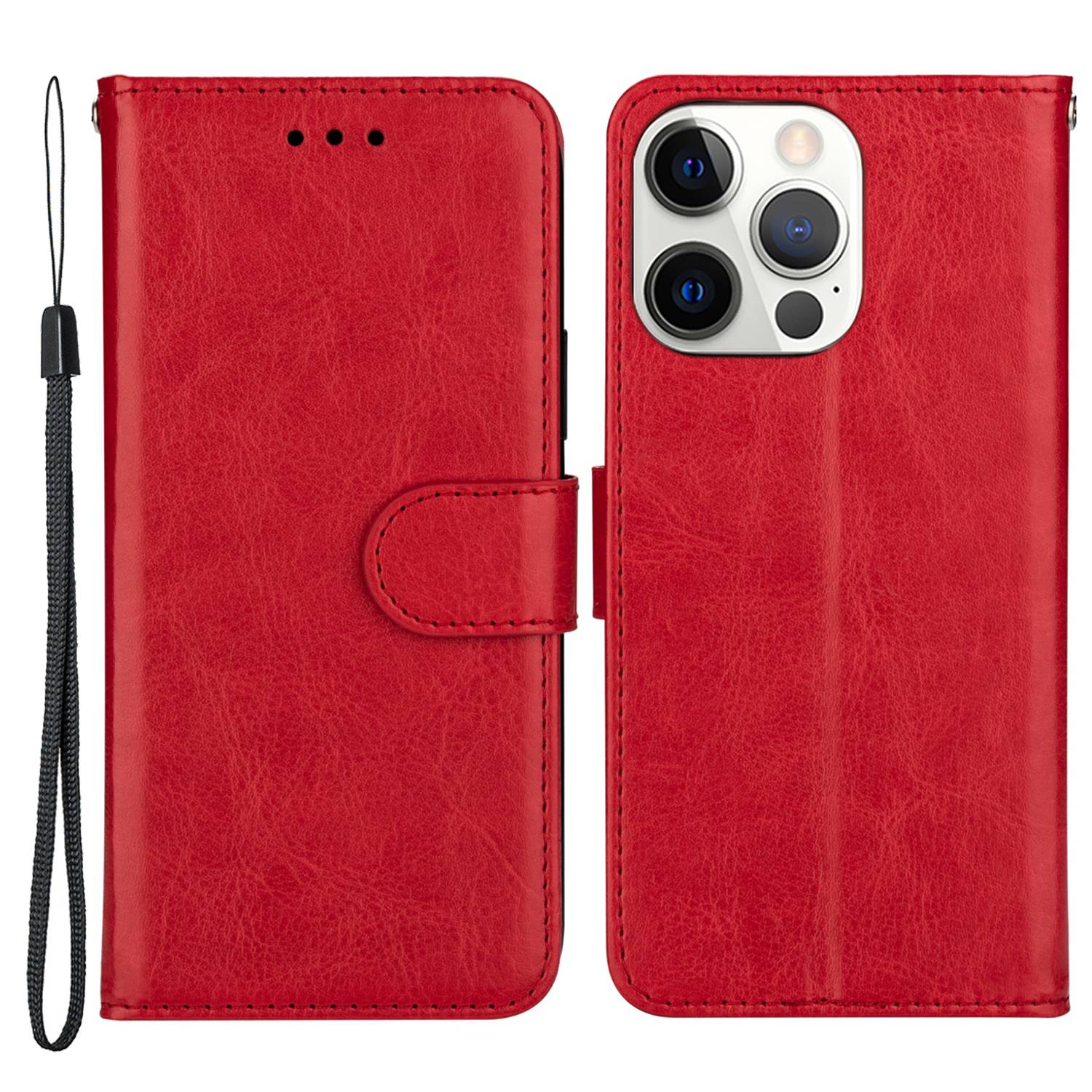 

For iPhone 14 Pro 6.1 inch Shockproof Well-protected Solid Color Crazy Horse Texture PU Leather Cell Phone Case with Stand Wallet - Red, iPhone 14 Pro 6.1 inch