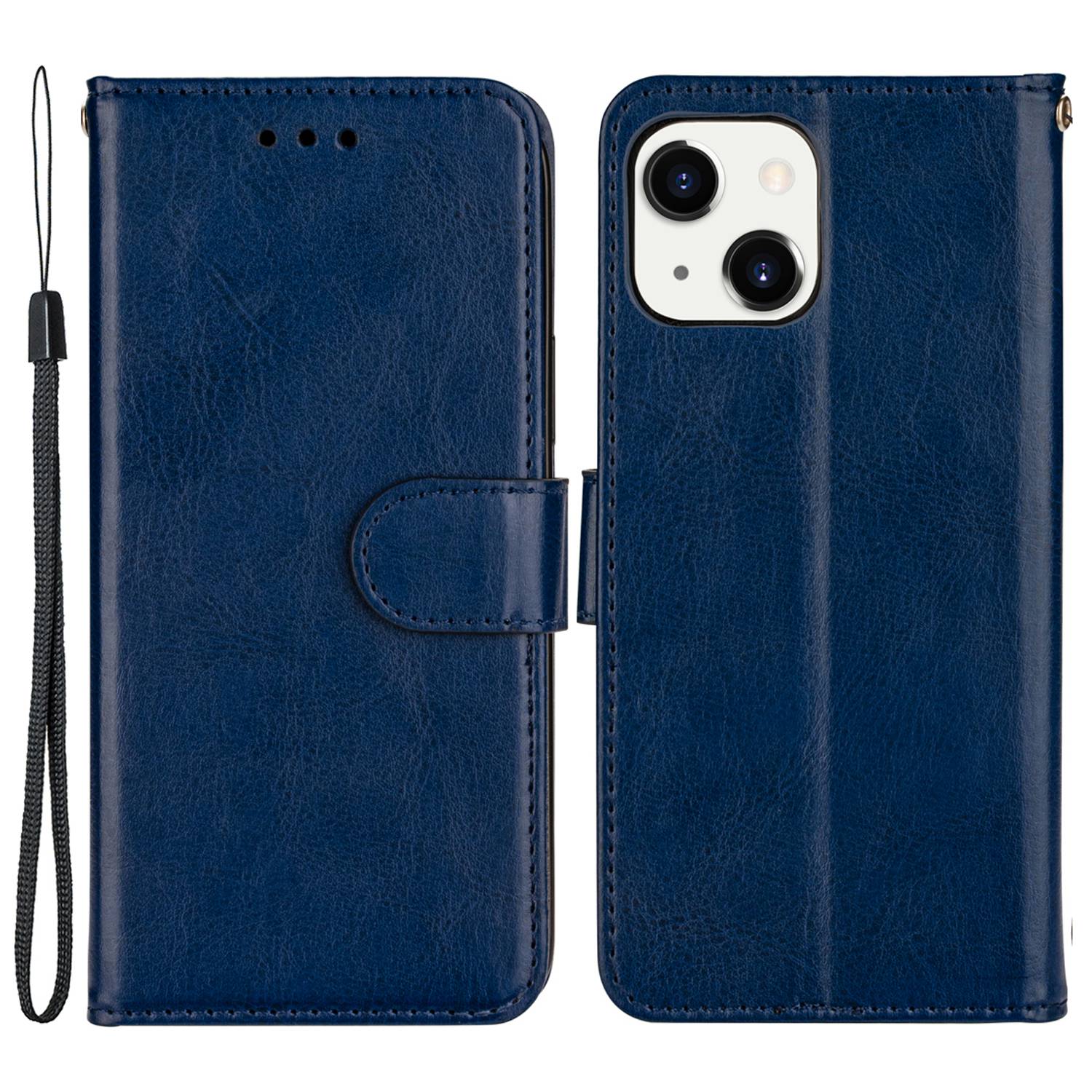 

For iPhone 14 Max 6.7 inch Solid Color Crazy Horse Texture PU Leather Phone Case with Stand Drop-proof Wallet Cover - Dark Blue, iPhone 14 Max 6.7 inch