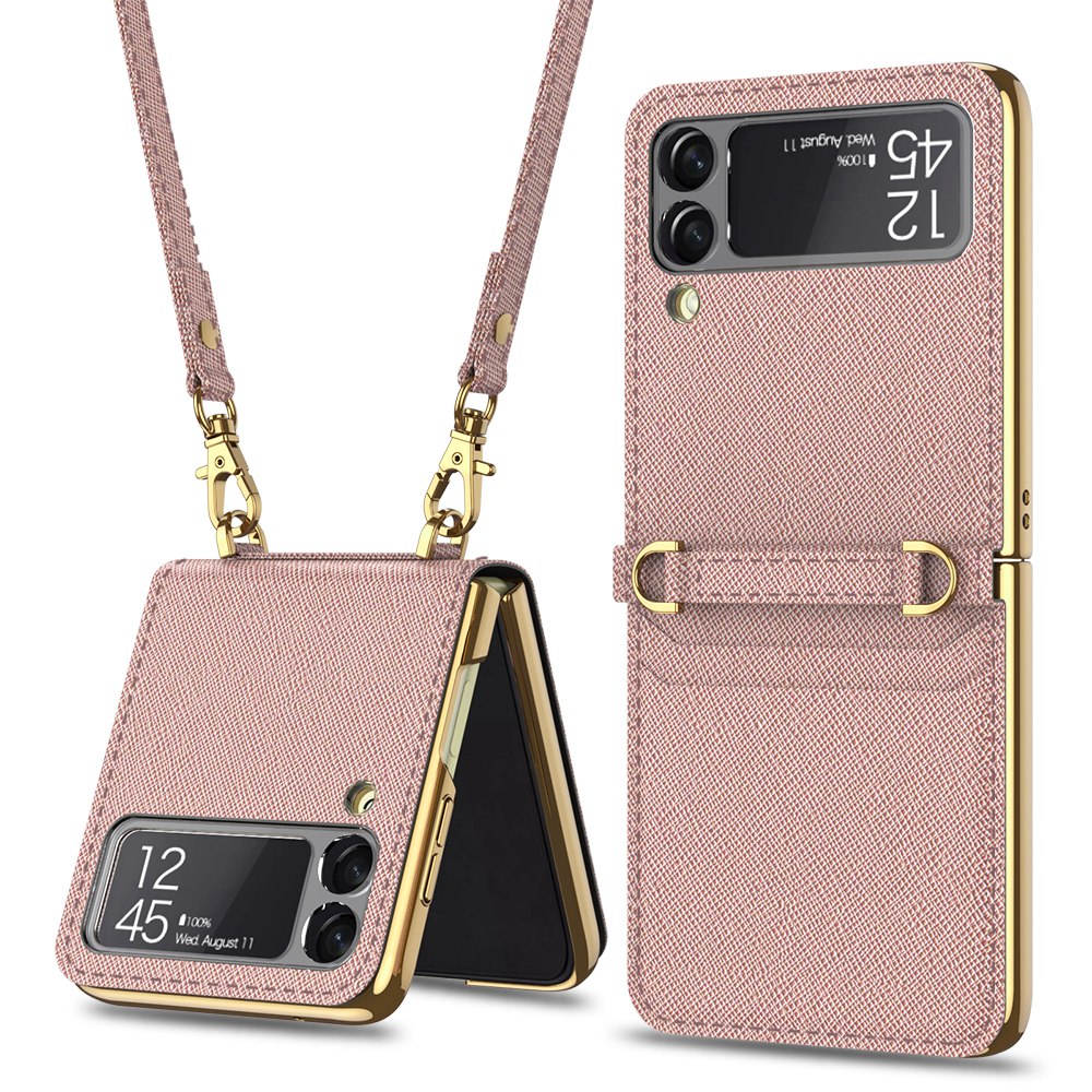 

GKK Для Samsung Galaxy Z Flip3 5g Cross Texture Celly Chethephane Chate Cash Case Держатель Зеркальной Карты Защитная Крышка с Плечевым Ремнем - Розовый, Samsung Galaxy Z Flip3 5G