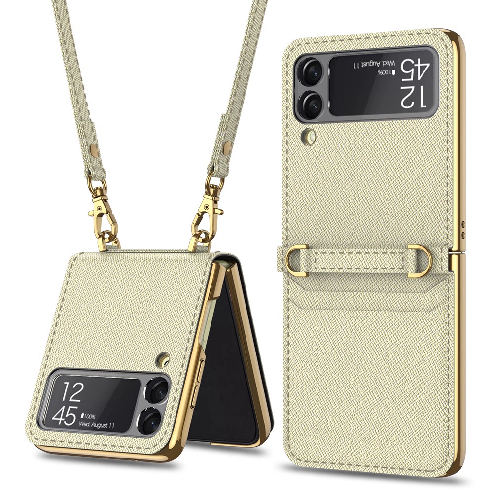 

GKK Для Samsung Galaxy Z Flip3 5g Cross Texture Celly Chethephane Chate Cash Case Держатель Зеркальной Карты Защитная Крышка с Плечевым Ремнем - Золото, Samsung Galaxy Z Flip3 5G