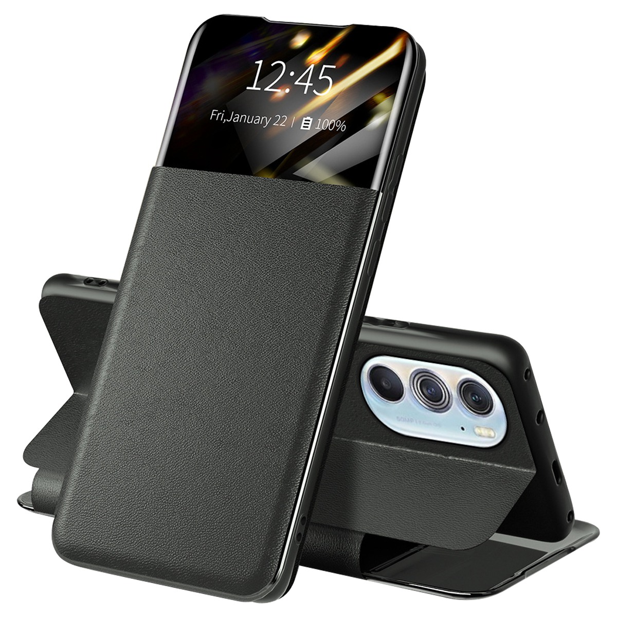 

PU Lederansicht Fenster Telefonhülle Für Motorola Edge X30, Kartenhalter Anti-scratch-standabdeckung - Schwarz, Motorola Edge X30