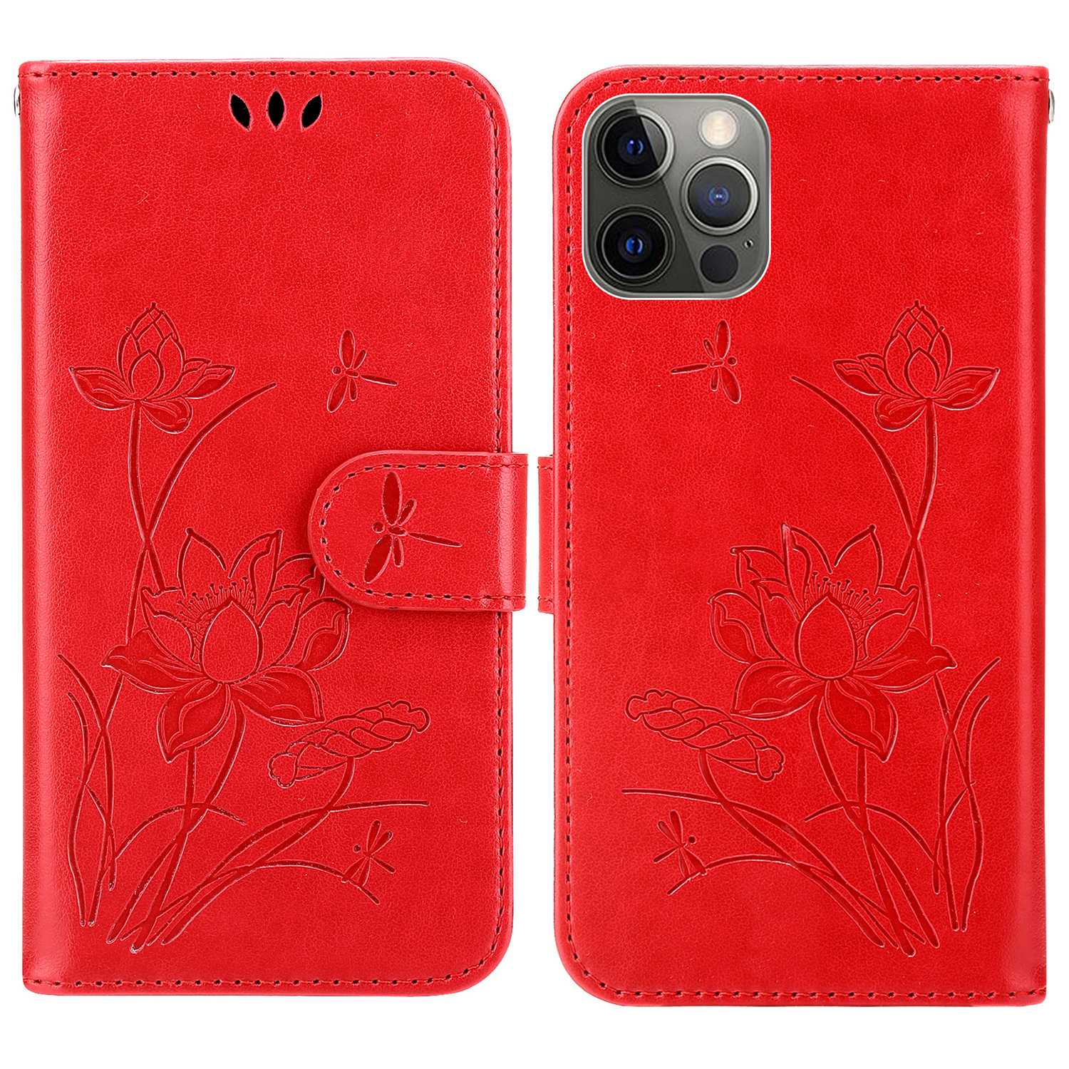 

For iPhone 14 Pro Max 6.7 inch Lotus Imprinted PU Leather Wallet Case Hands-free Stand Protective Phone Cover - Red, iPhone 14 Pro Max