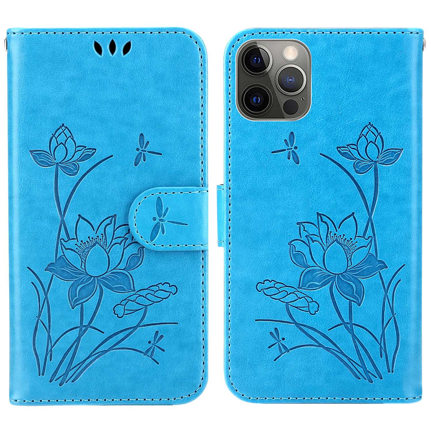 

For iPhone 14 Pro Max 6.7 inch Lotus Imprinted PU Leather Wallet Case Hands-free Stand Protective Phone Cover - Blue, iPhone 14 Pro Max