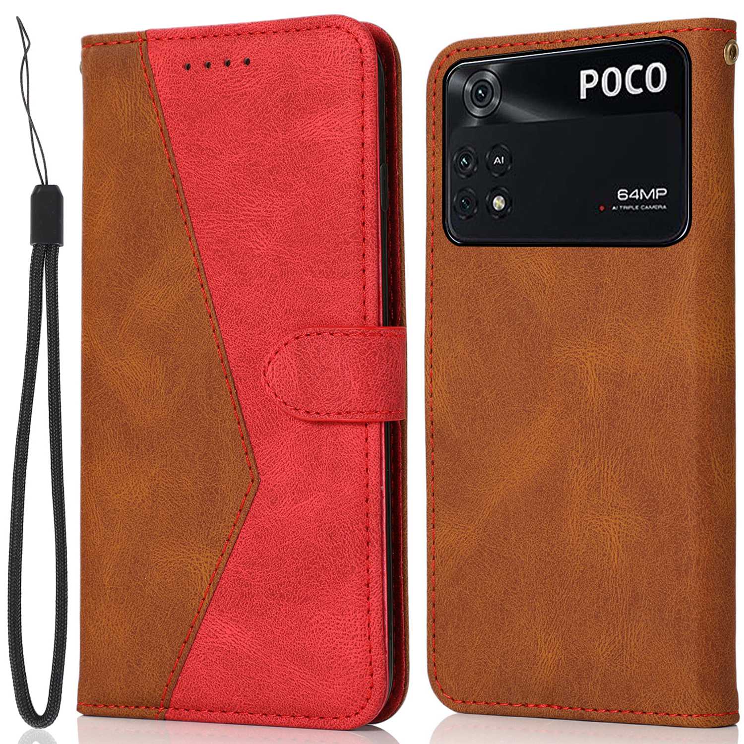 

Für Xiaomi Poco M4 Pro 4G Farbspleißen Telefon Vollschützer Abdeckung Flip Stand Wallet PU Lederhülle Mit Handgelenkriemen - Braun / Rot, Xiaomi Poco M4 Pro 4G