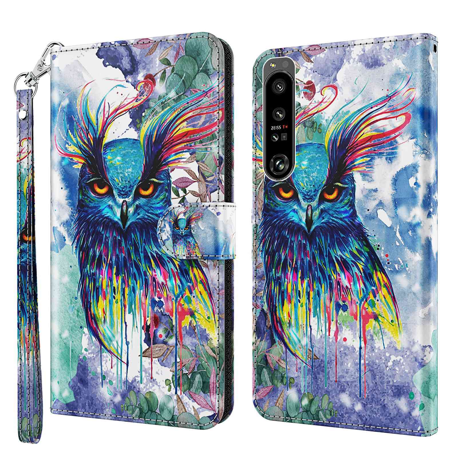 

Für Sony Xperia 1 IV 5G Anti-wear-anti-fall-pu-leder-handy-hülle Ständer 3d-muster Gedrucktem Brieftaschenmagnet-telefonabdeckung Mit Riemen - Farbenfrohe Eule, Sony Xperia 1 IV 5G