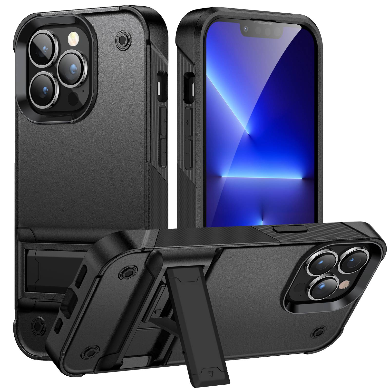 

Для Iphone 14 Pro Max 6,7-дюймовый Военный Амортизатор Военного Класса Combo PC+TPU Back Case - Черный / Черный, iPhone 14 Pro Max 6.7 inch