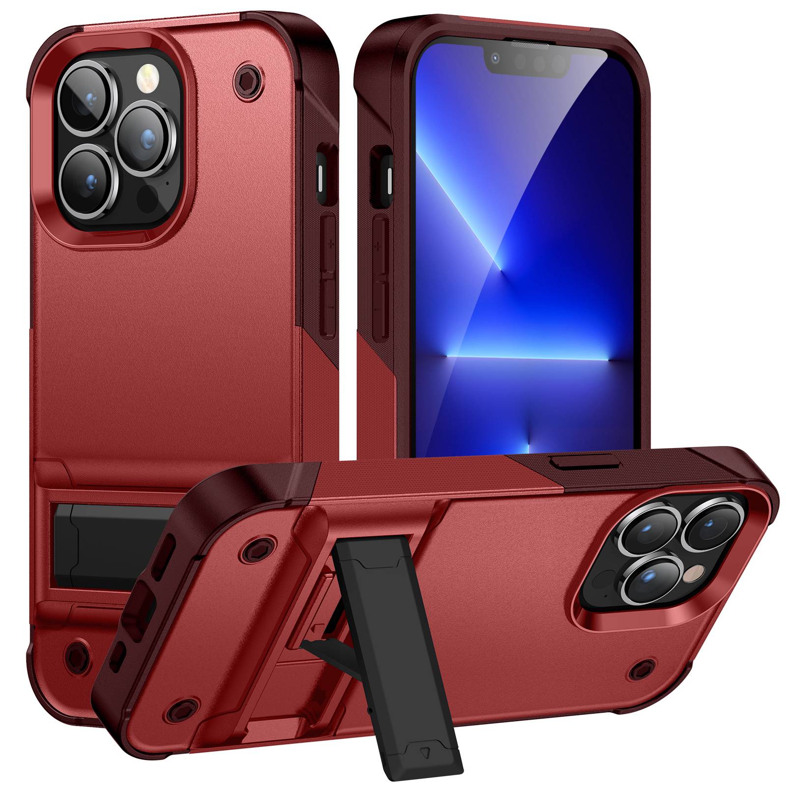 

For iPhone 14 Pro Max 6.7 inch Military Grade Shock-Absorption Cover Kickstand Combo PC+TPU Back Case - Red / Dark Red, iPhone 14 Pro Max 6.7 inch