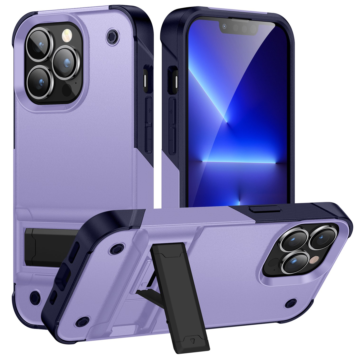 

For iPhone 14 6.1 inch Military Grade Drop-proof Anti-wear Protective Cover Kickstand Function PC+TPU Mobile Phone Case - Light Purple / Sapphire, iPhone 14 6.1 inch