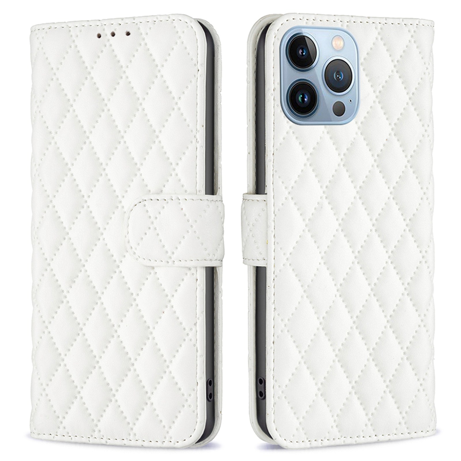 

BINFEN COLOR Matte Phone Cover for iPhone 13 Pro 6.1 inch BF Style-14 Full Coverage PU Leather Flip Wallet Case Stand with Imprinted Rhombus Pattern - White, iPhone 13 Pro