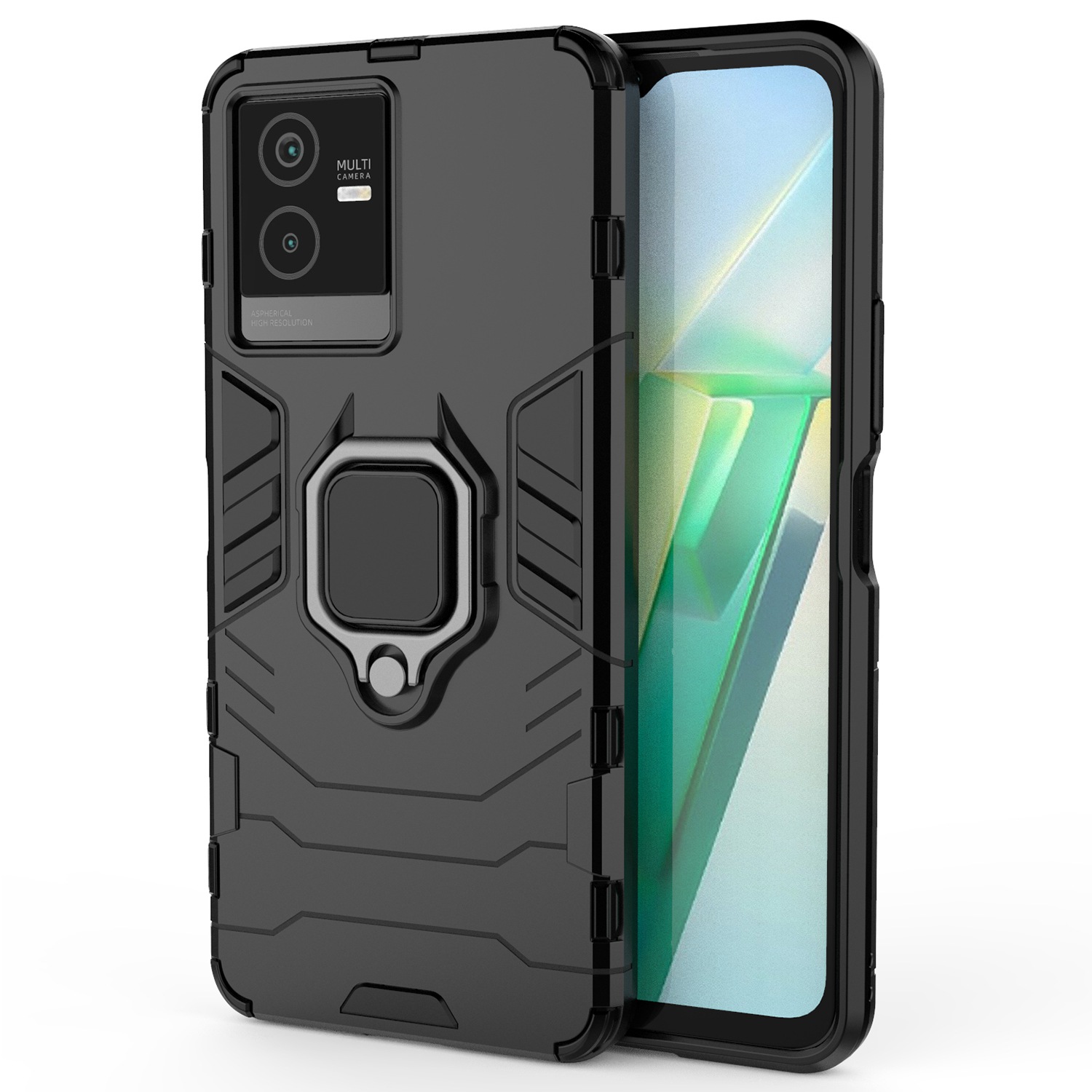 

Anti-drop Hard PC + Soft Tpu-hülle Für Vivo T2x 5G, Ringhalter Kickstand-schutz-telefonabdeckung - Schwarz, vivo T2x 5G