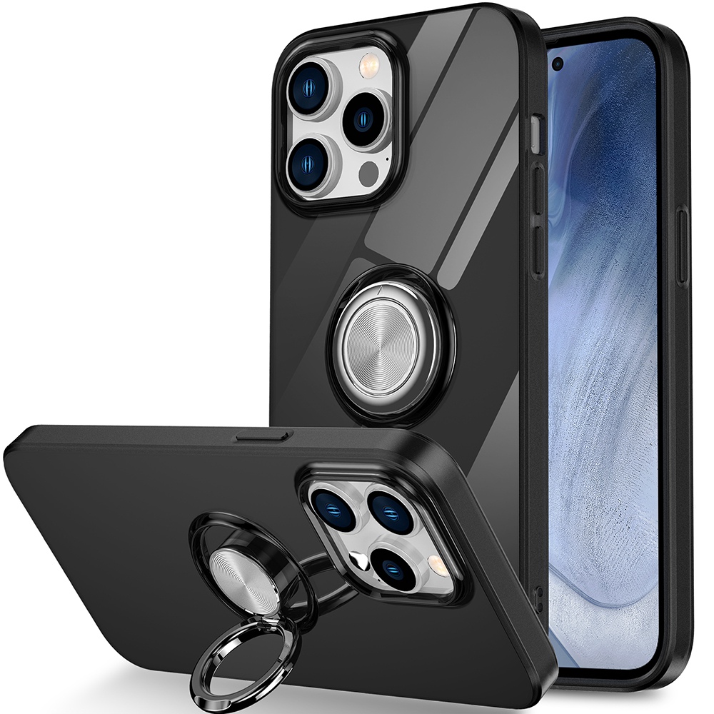 

For iPhone 14 6.1 inch Soft Flexible TPU Protective Phone Case Rotating Ring Kickstand Anti-fall Phone Cover - Black, iPhone 14 6.1 inch