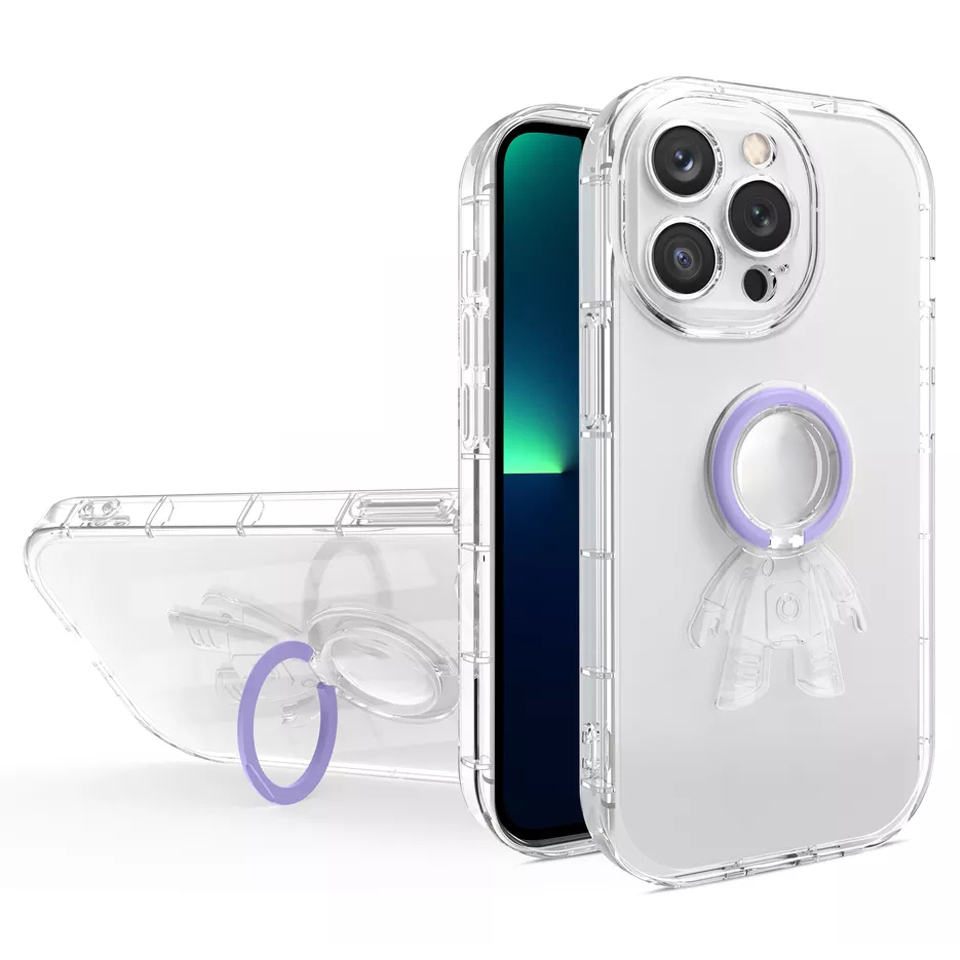 

For iPhone 14 Pro Max 6.7 inch Drop Resistant Spaceman Design Transparent TPU Phone Case with PC Ring Kickstand - Purple, iPhone 14 Pro Max