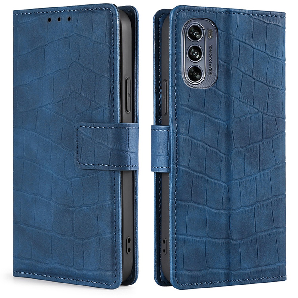 

Für Motorola Moto G62 5G Hauttouch Feeling Ständer Brieftasche Lederhülle Krokodil Textur Schutzphase - Blau, Motorola Moto G62 5G