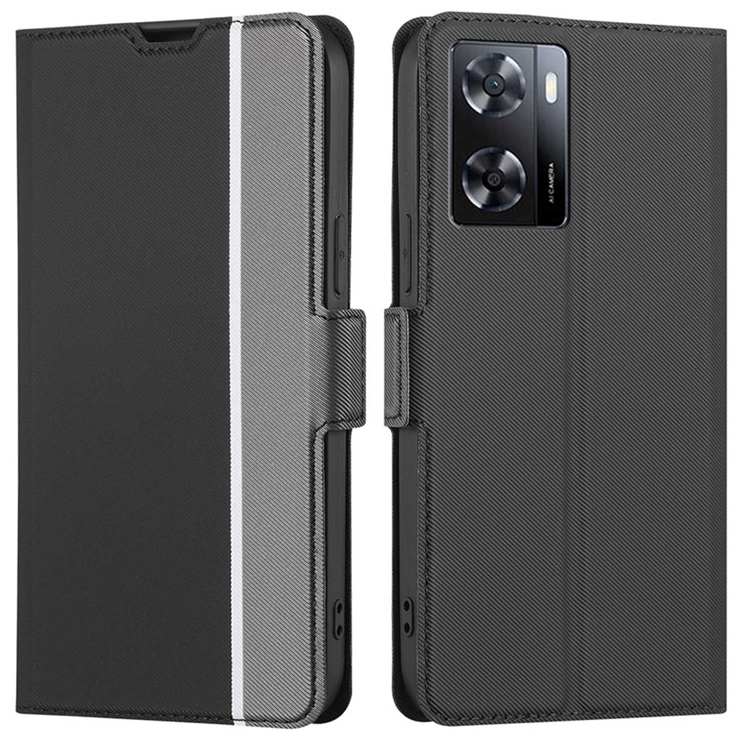 

Für Oppo A57 4G Ultra-dünner Vollen Schutz Twill Texture Phone Hülle Anti-kratzer-pu-leder+tpu-mobiltelefonabdeckungsständer Kartenhalter - Schwarz, Oppo A57 4G