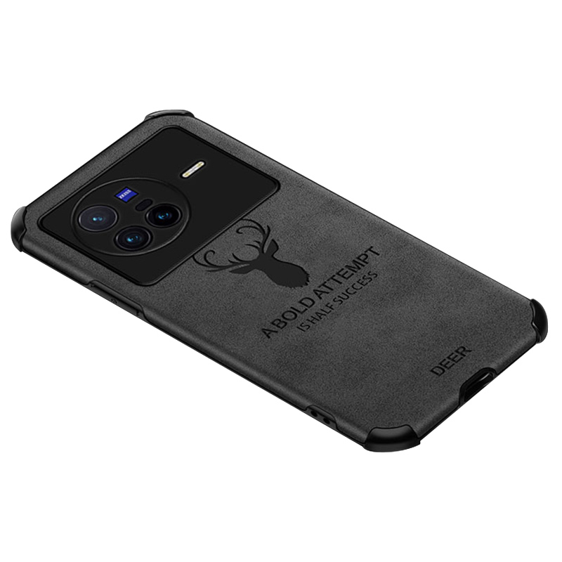 

Für Vivo X80 5g Vier Ecke Anti-drogen-stofftextur Deckung Hirschmuster Prägender Leder Mit TPU Schockdelie Telefonhülle - Schwarz, vivo X80 5G