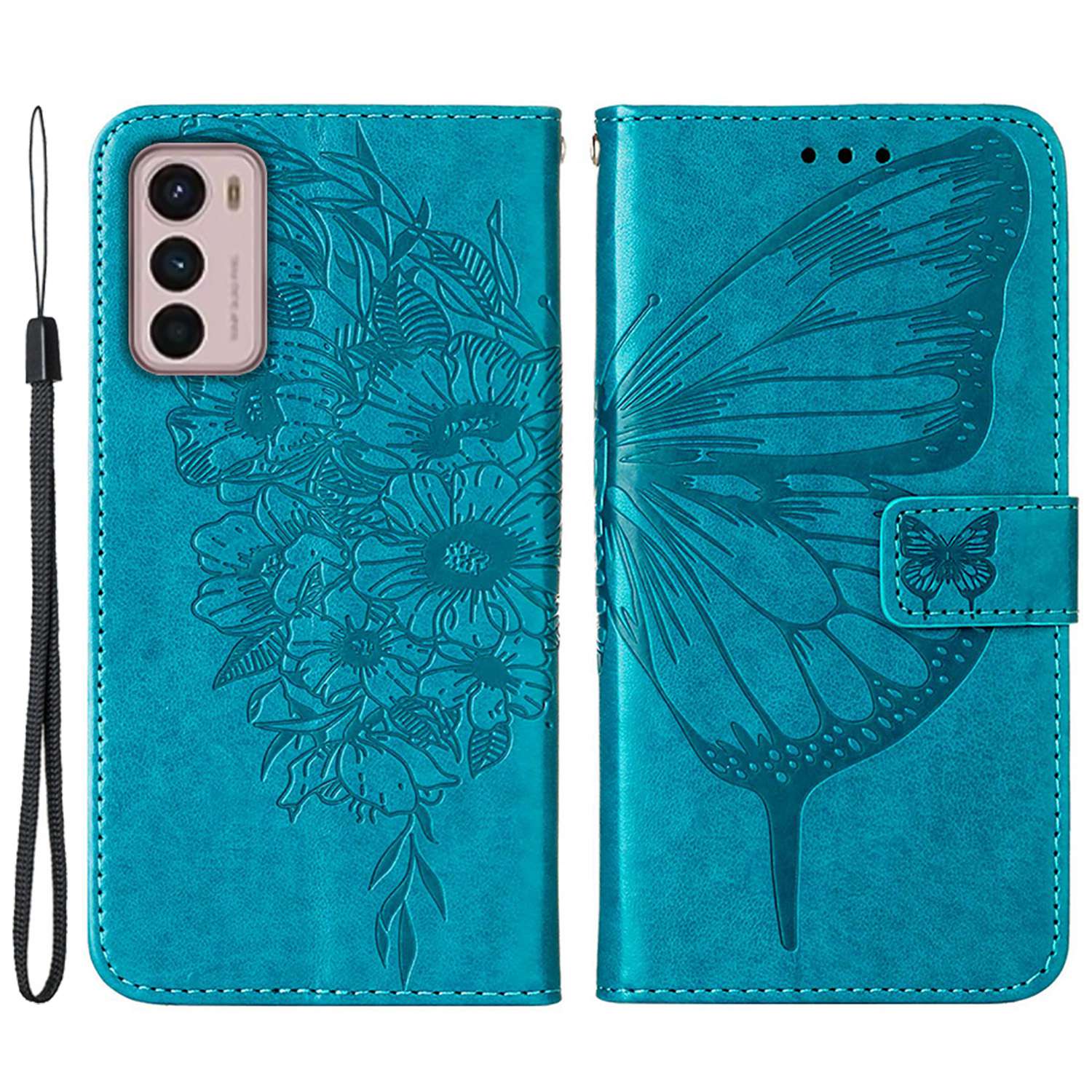 

YB Sprudel Blumenserie-4-telefonhülle Für Motorola Moto G42 4G, Schmetterlingsblume Eingeprägte Lederschale - Blau, Motorola Moto G42 4G