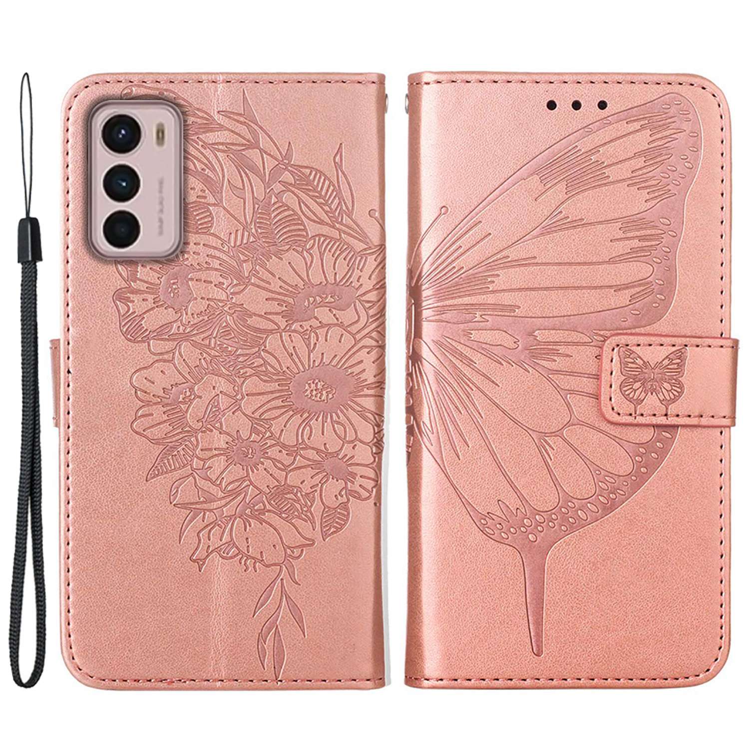 

YB Sprudel Blumenserie-4-telefonhülle Für Motorola Moto G42 4G, Schmetterlingsblume Eingeprägte Lederschale - Roségold, Motorola Moto G42 4G