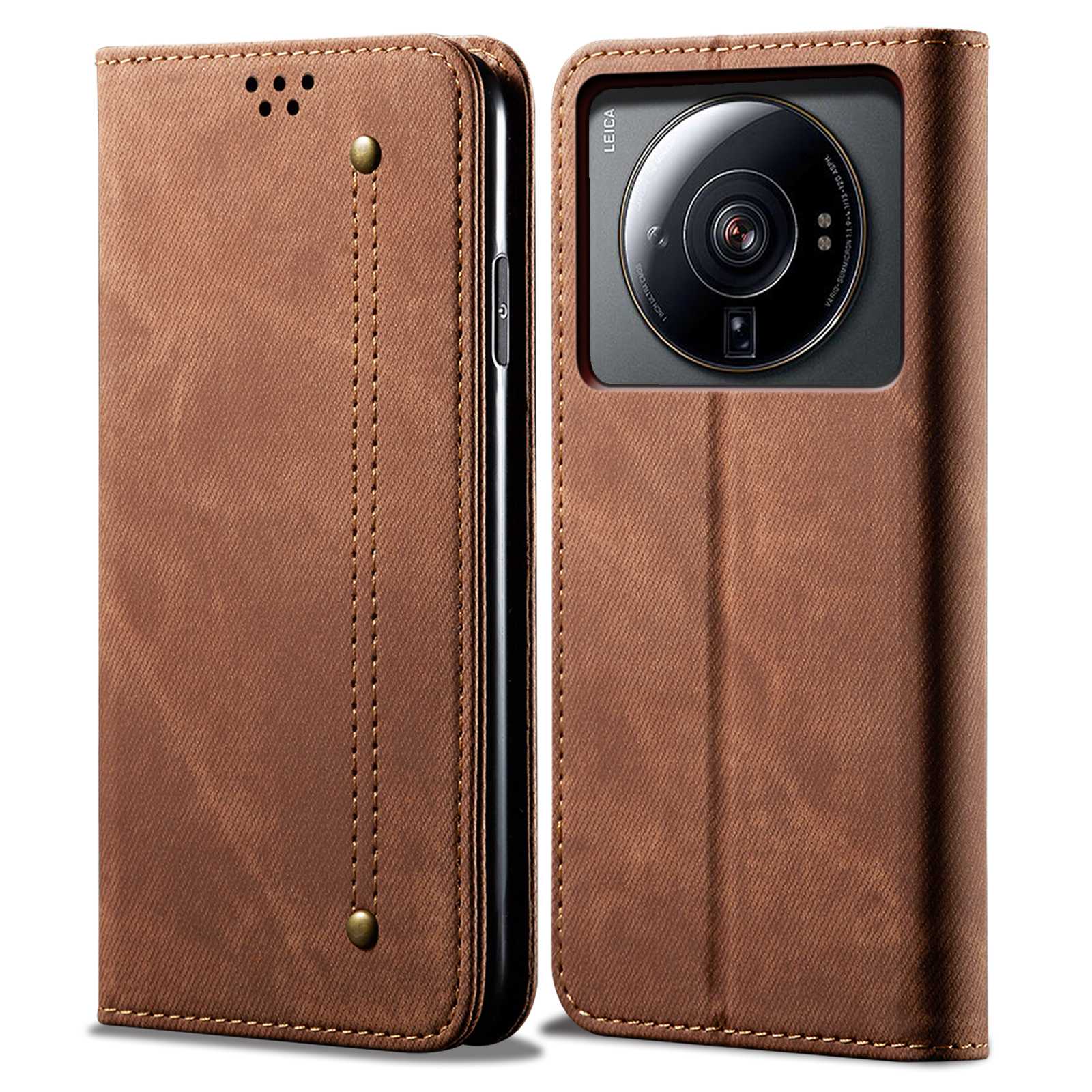 

Jeans Stoff Textur PU Ledertasche Für Xiaomi 12s Ultra 5G, Schockdes Telefonabdeckungsabdeckung Magnetische Autoschließbetriebsschale - Kaffee, Xiaomi 12S Ultra 5G