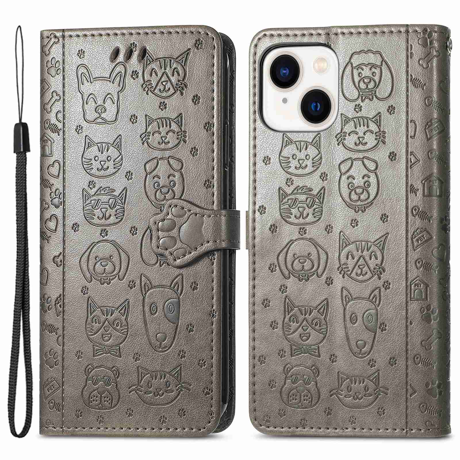 

Imprinted Cat Dog Pattern Phone Cover for iPhone 14 6.1 inch, PU Leather + TPU All-round Protection Wallet Stand Case - Grey, iPhone 14