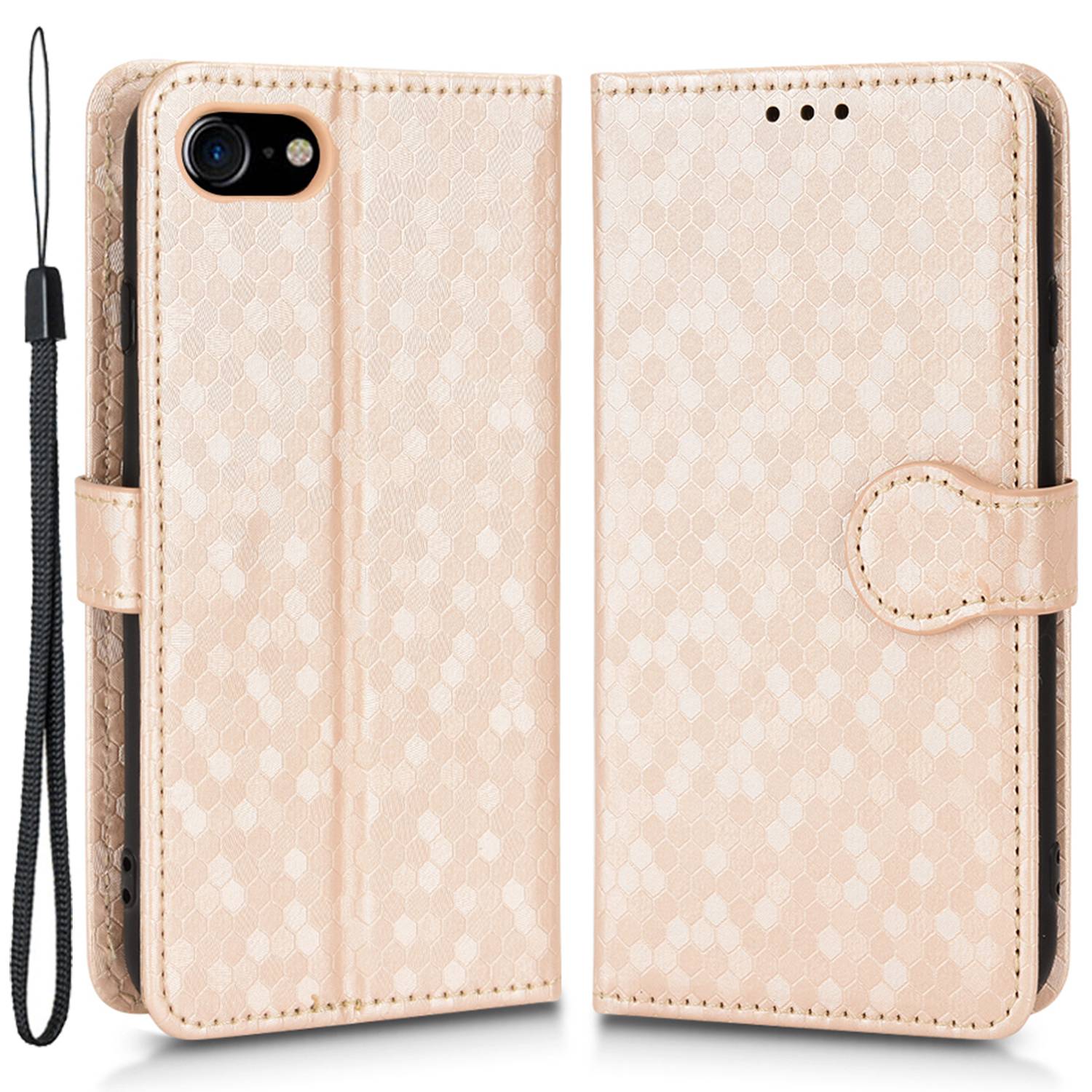 

For iPhone 7 / 8 4.7 inch / SE (2020) / SE (2022) Magnetic Closing Dot Pattern Imprinted Phone Case PU Leather Wallet Stand Design Cover with Strap - Gold, iPhone SE (2022)