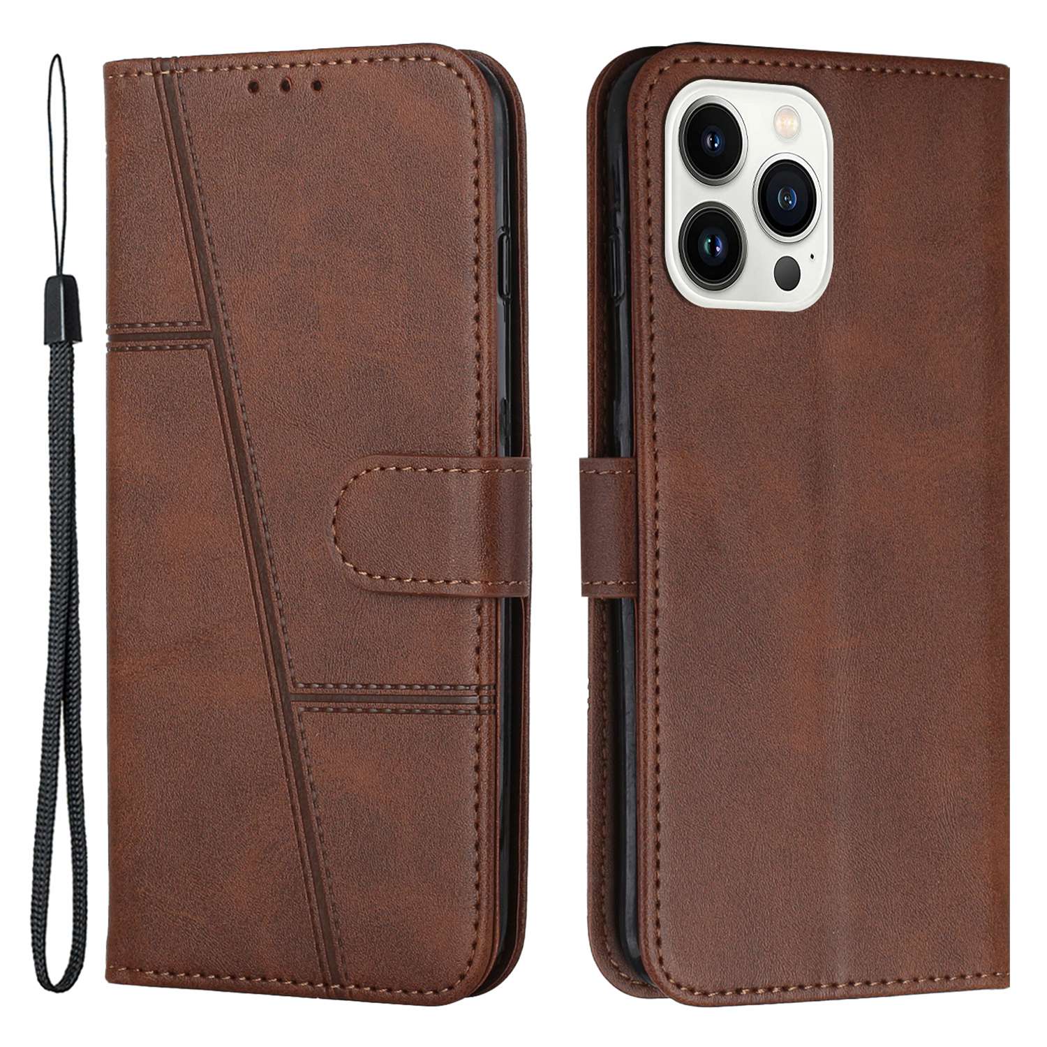

Для Iphone 14 Pro Max 6,7 -дюймовый Подставка Для Кошелька Для Строчки Телефона pu Leather + TPU Защитный Корпус с Ремешком - Коричневый, iPhone 14 Pro Max