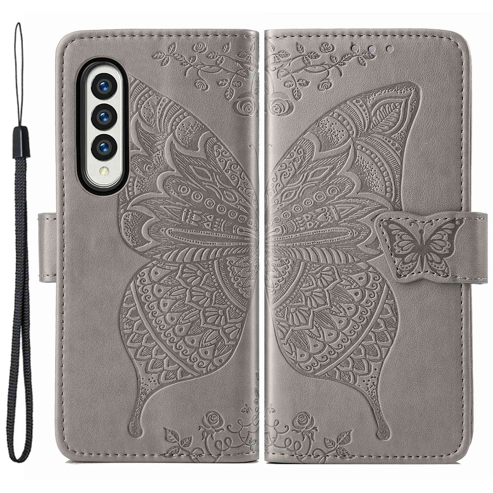 

For Samsung Galaxy Z Fold4 5G Drop-proof Flip Cover PU Leather Book Wallet Case Imprinted Butterfly Pattern Stand Magnetic Clasp Phone Shell with Wrist Strap - Grey, Galaxy Z Fold4 5G