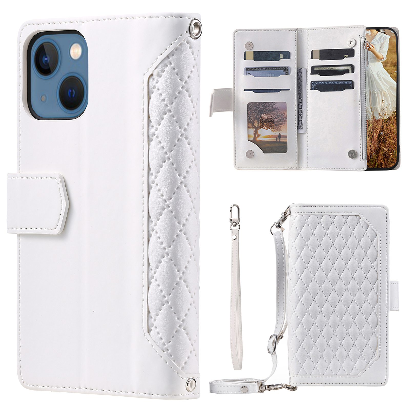 

005 Стиль Для Iphone 14 6,1 Дюйма, Ударная на Молнии Застежка -флип -кошелек Case Stand PU - Белый, iPhone 14