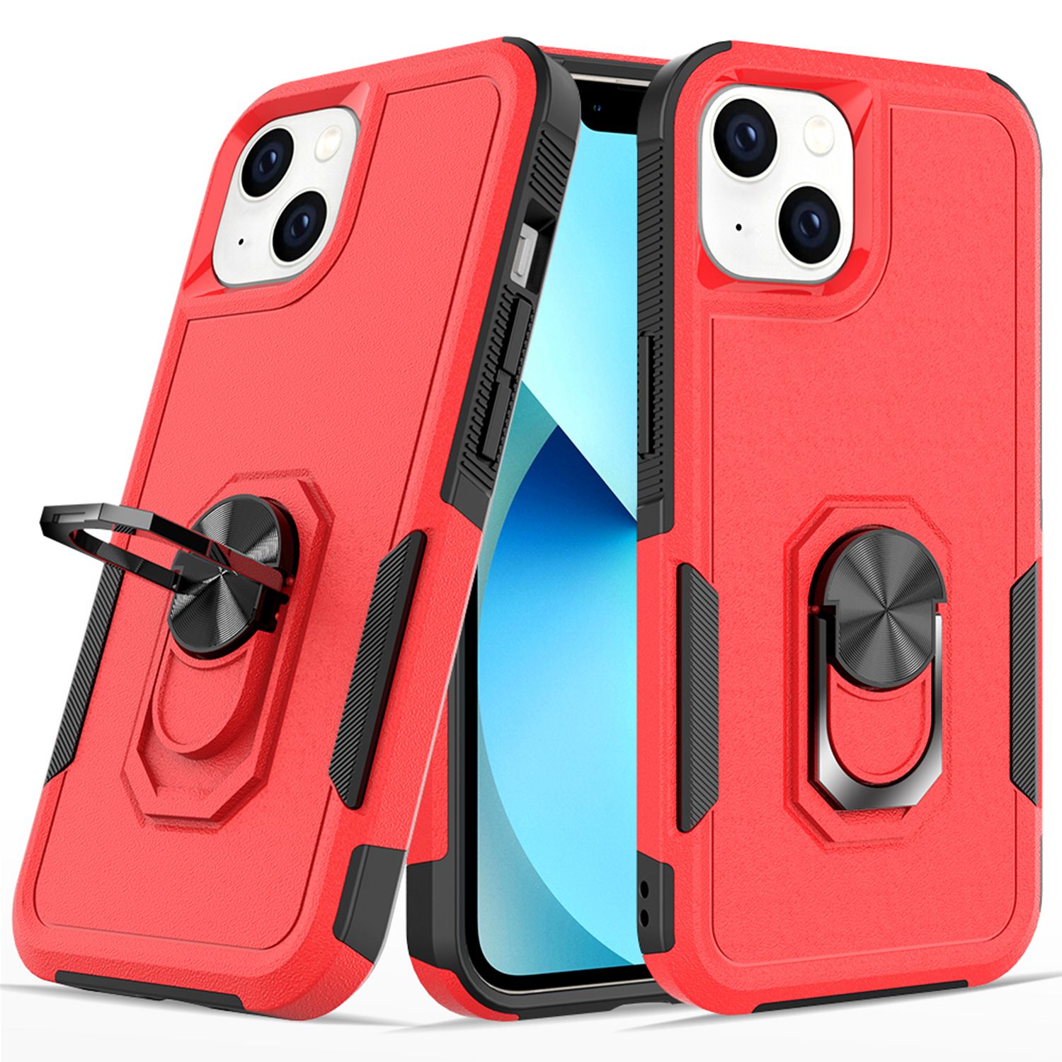 

For iPhone 14 6.1 inch Rotary Metal Ring Kickstand Phone Case PC + TPU Dual Layer Protective Cover - Red, iPhone 14